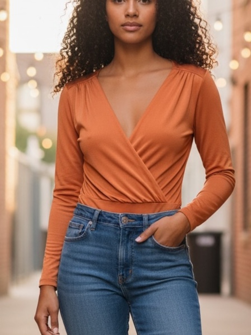 FREE PEOPLE V-Neck Turnt Long Sleeve Bodysuit Ginger Spice Orange Fall Size M